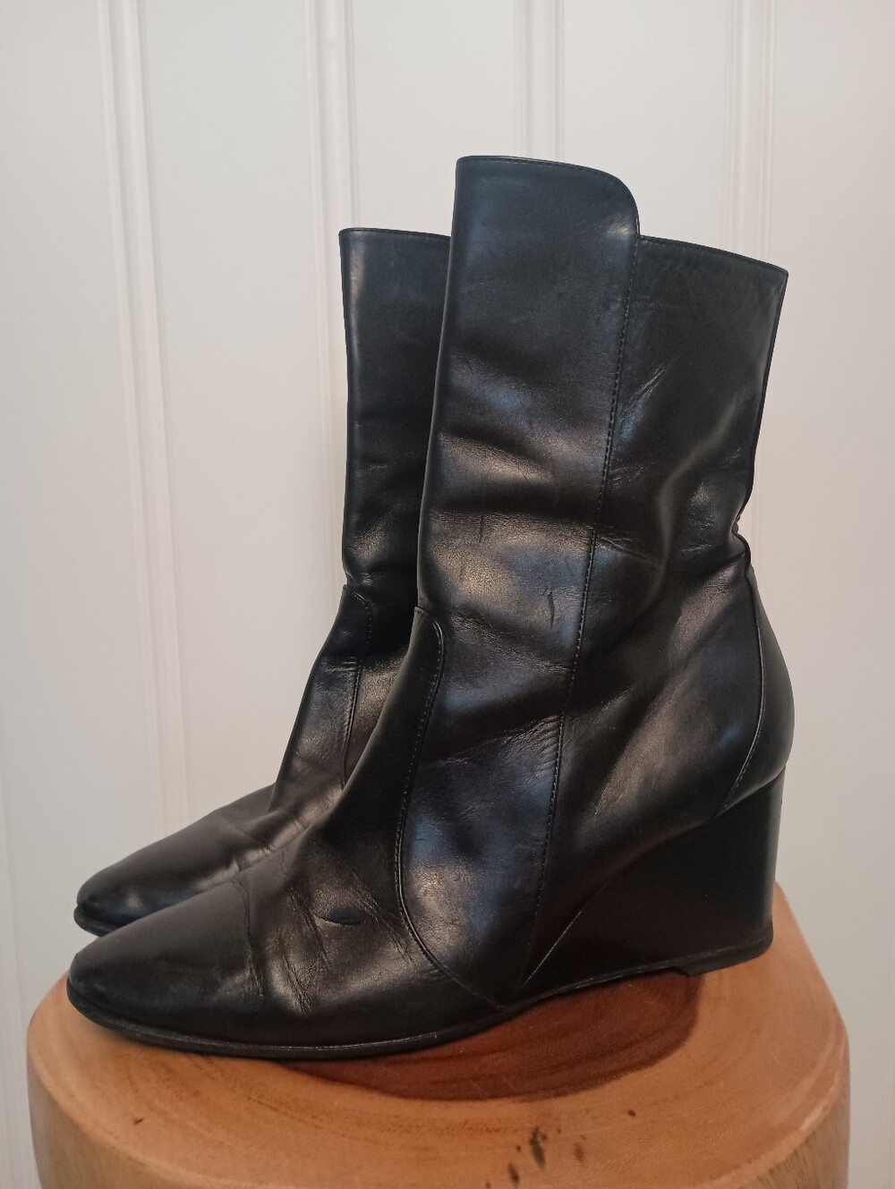 Balenciaga- Black Leather Wedge Ankle Boots- Size 40